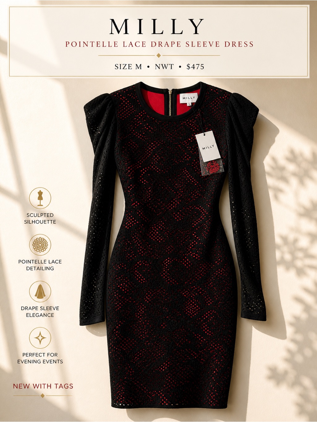 Milly Size M Black & Red Pointelle Lace Drape Sleeve Dress Nwt $475